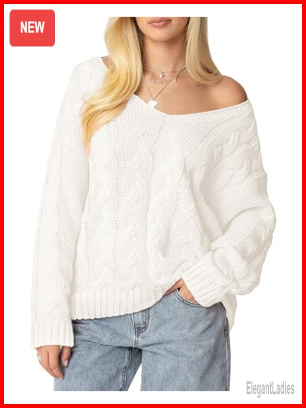 Oversized Cable Knit V Neck Long Sleeve Pullover Sweater